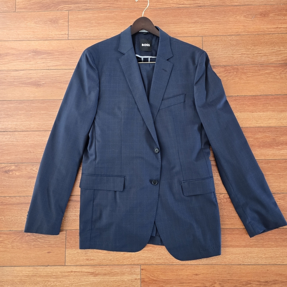Hugo Boss Slim Fit Virgin Wool 2 Piece Blue Check Suit 44L Pants 38x32